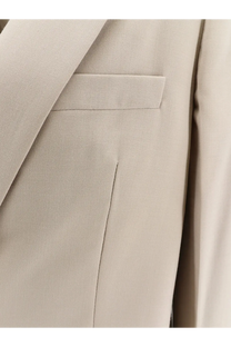 Beige textured closed women’s virgin wool blend blazer with structured lapel and subtle stitching details
