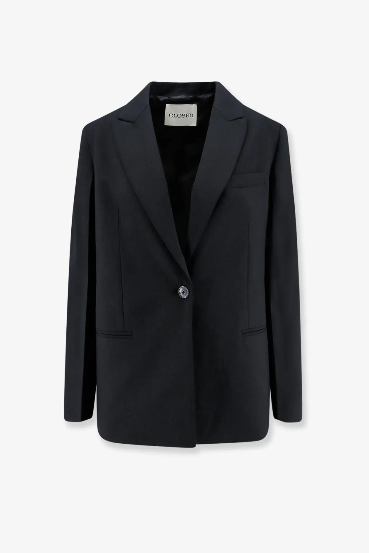 Black closed women’s virgin wool blend blazer with single button and structured shoulders front view