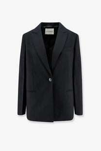 Black closed women’s virgin wool blend blazer with single button and structured shoulders front view