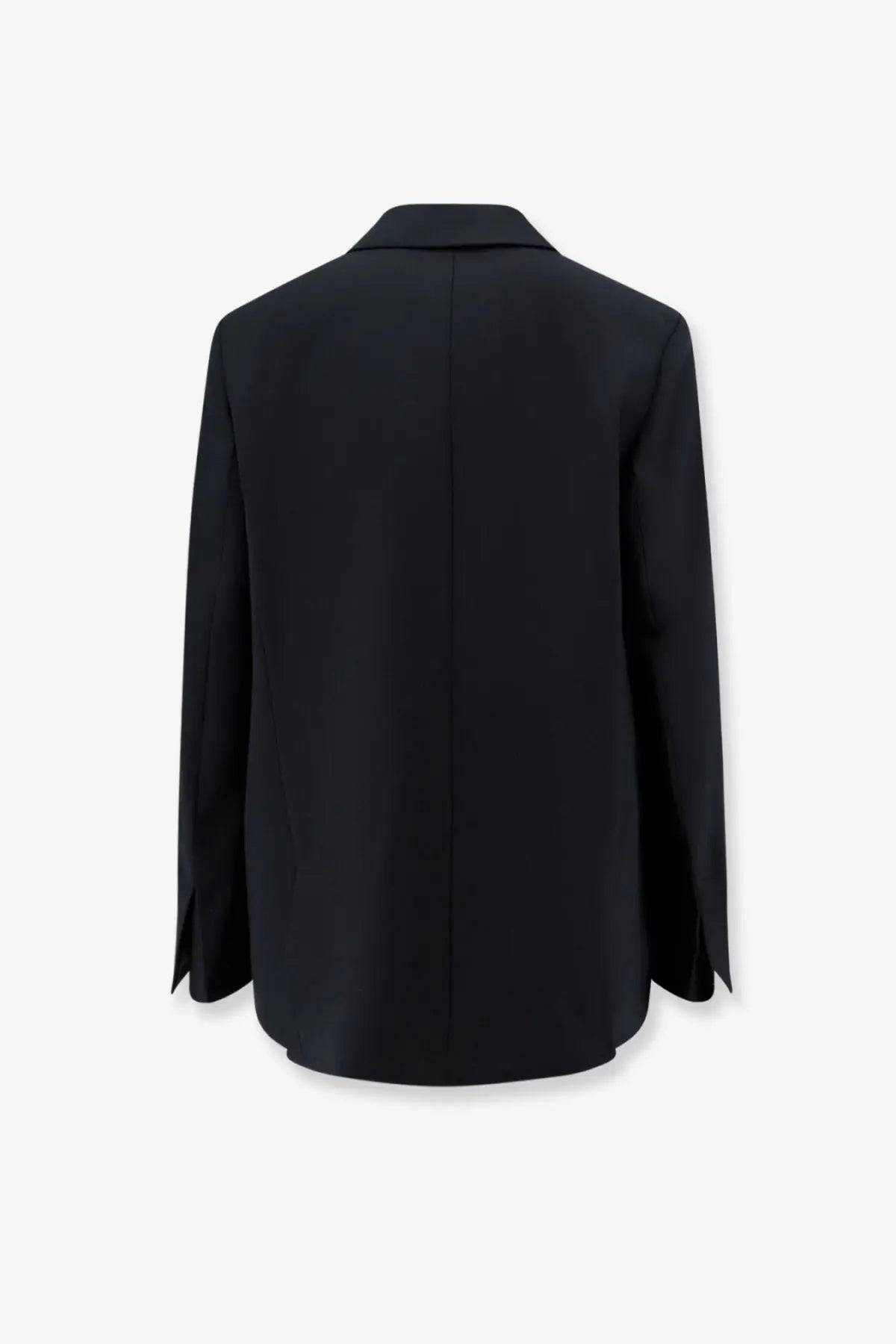 Black tailored closed women’s virgin wool blend blazer with minimalist design and subtle sheen