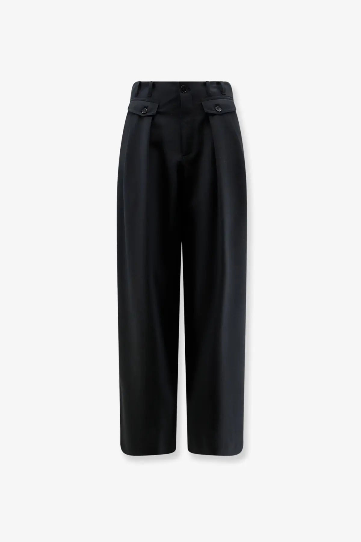 Black high waisted wide leg wool blend trousers with sleek matte finish and buttoned flap pockets from closed