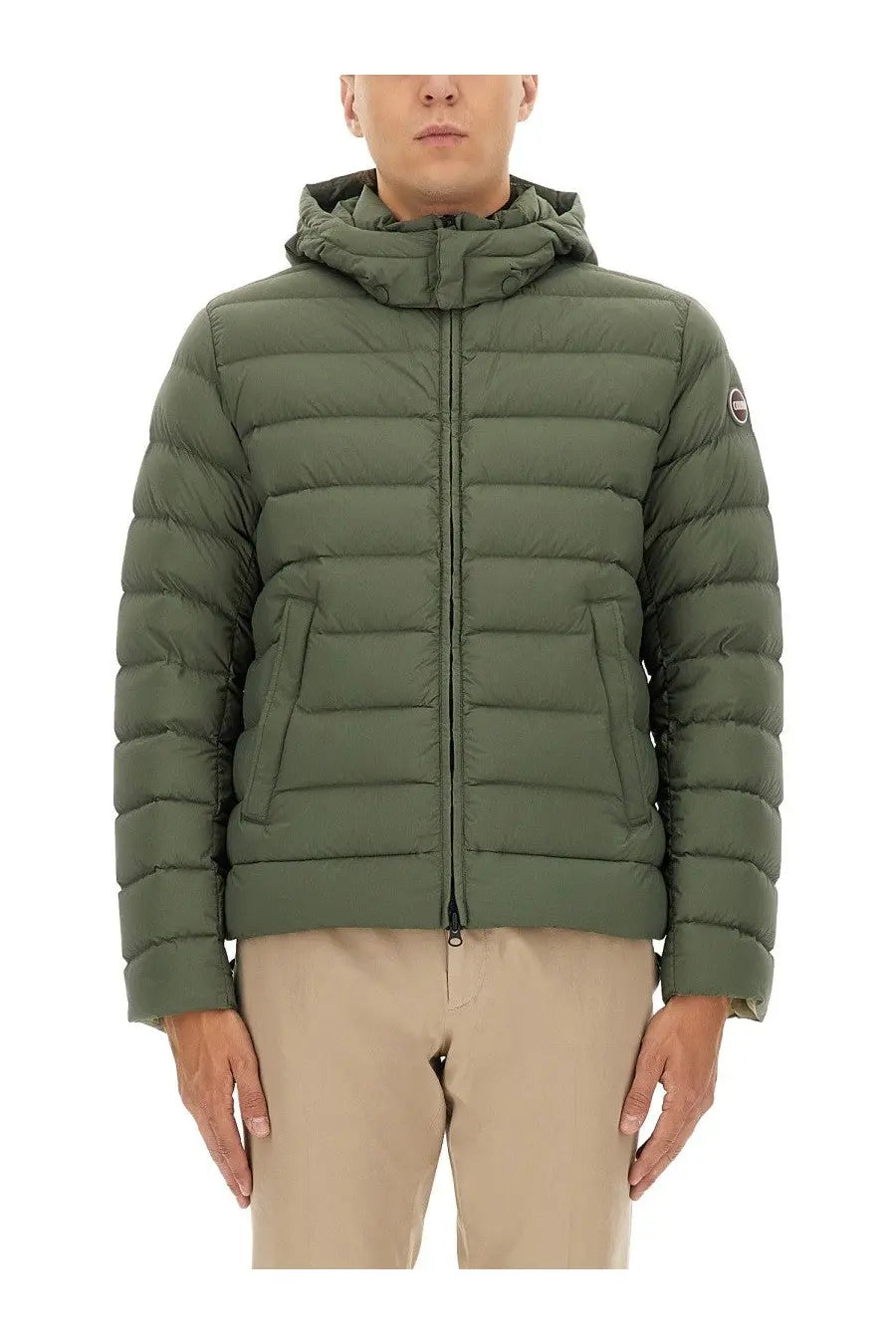 Colmar men’s olive green quilted down jacket with hood zipper front and two side pockets