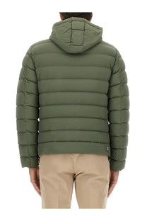 Olive green quilted hooded puffer jacket by colmar shown from the back with subtle brand logo on the lower back