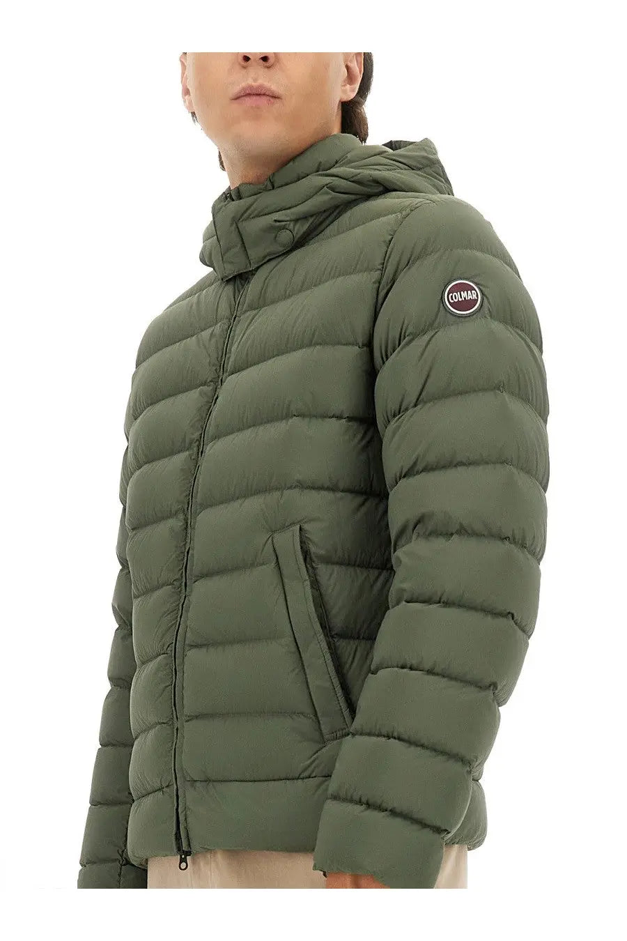 Colmar men’s olive green quilted down puffer jacket with hood and circular logo patch on sleeve