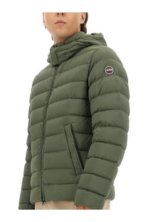 Colmar men’s olive green quilted down puffer jacket with hood and circular logo patch on sleeve