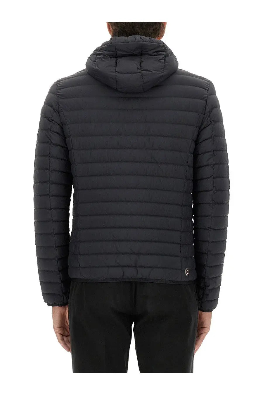Back view of colmar men’s lightweight black quilted hooded down jacket with horizontal stitching and small logo