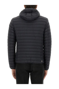 Back view of colmar men’s lightweight black quilted hooded down jacket with horizontal stitching and small logo