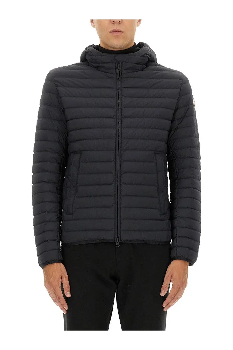 Colmar men’s lightweight down jacket black quilted hooded puffer with full-length zipper and two front pockets