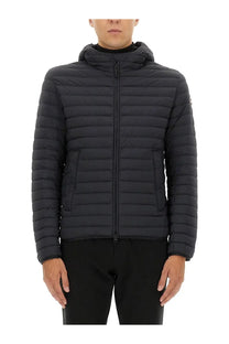Colmar men’s lightweight down jacket black quilted hooded puffer with full-length zipper and two front pockets