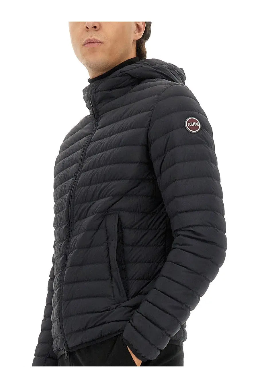 Colmar men’s lightweight black quilted down jacket with hood and circular logo patch on upper left sleeve