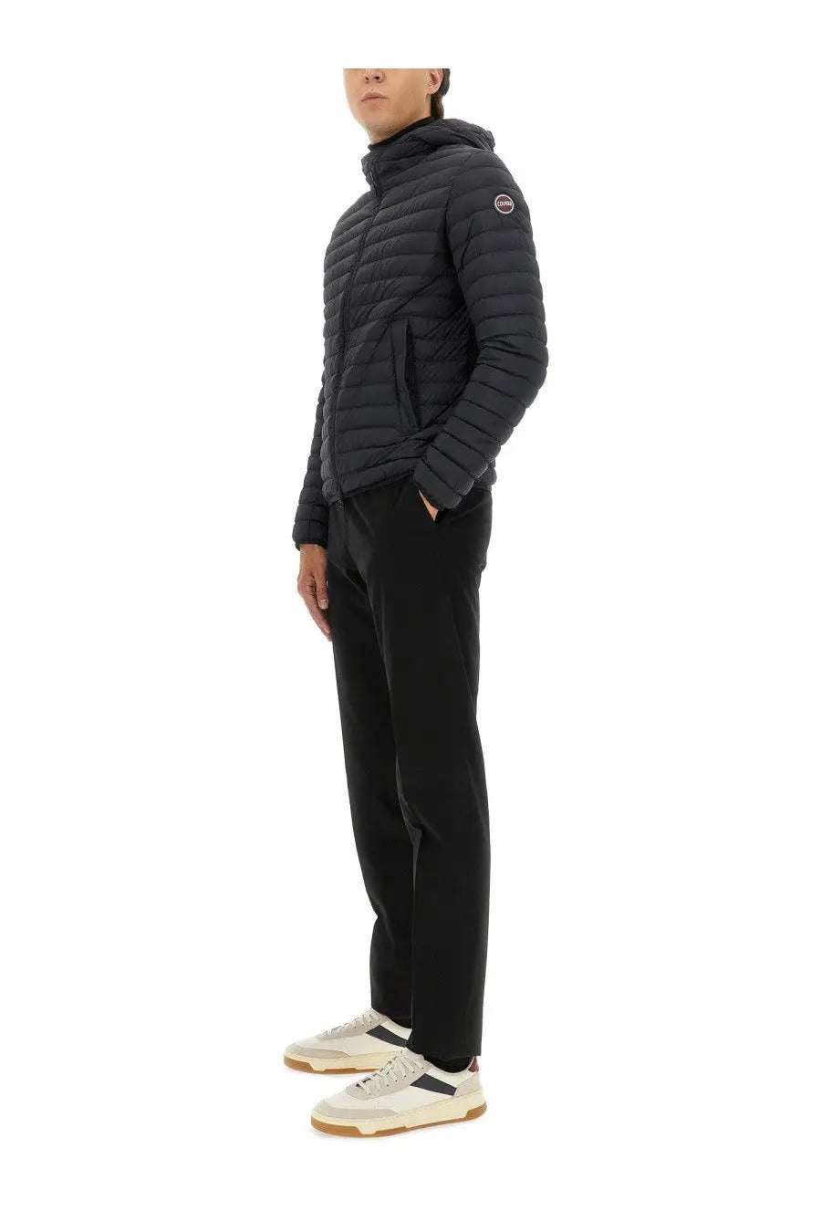 Colmar men’s lightweight black quilted puffer jacket with hood and subtle logo on left shoulder