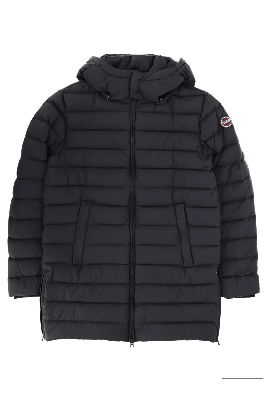 Black quilted hooded water repellent down jacket by Colmar for men with subtle logo patch on left sleeve