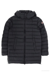 Black quilted hooded water repellent down jacket by Colmar for men with subtle logo patch on left sleeve