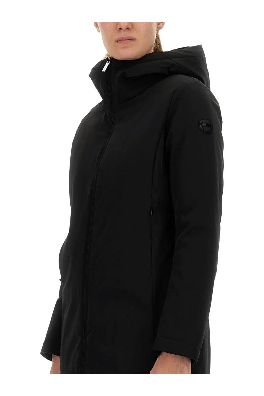 Colmar women’s down jacket black with sleek modern design and subtle brand logo on the sleeve in a hooded winter coat style