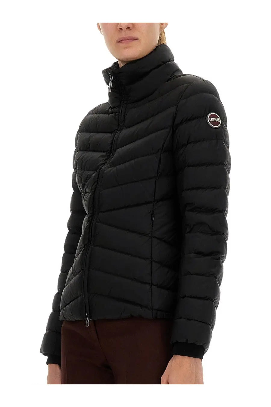 Colmar women’s black quilted down jacket with high collar and iconic circular logo on left sleeve