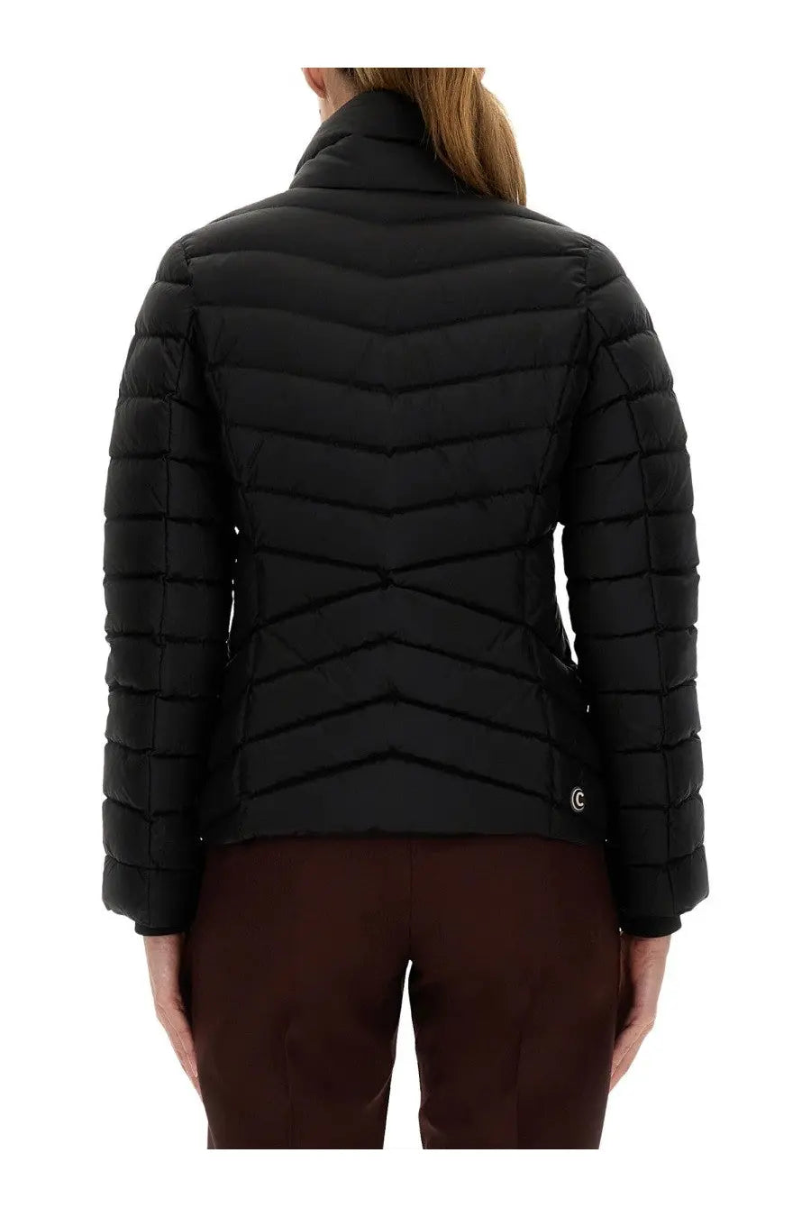 Colmar women’s black down jacket featuring a quilted puffer design with chevron stitching and a high collar