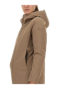 Colmar women’s brown down jacket beige hooded winter coat with subtle circular logo patch on upper arm front view