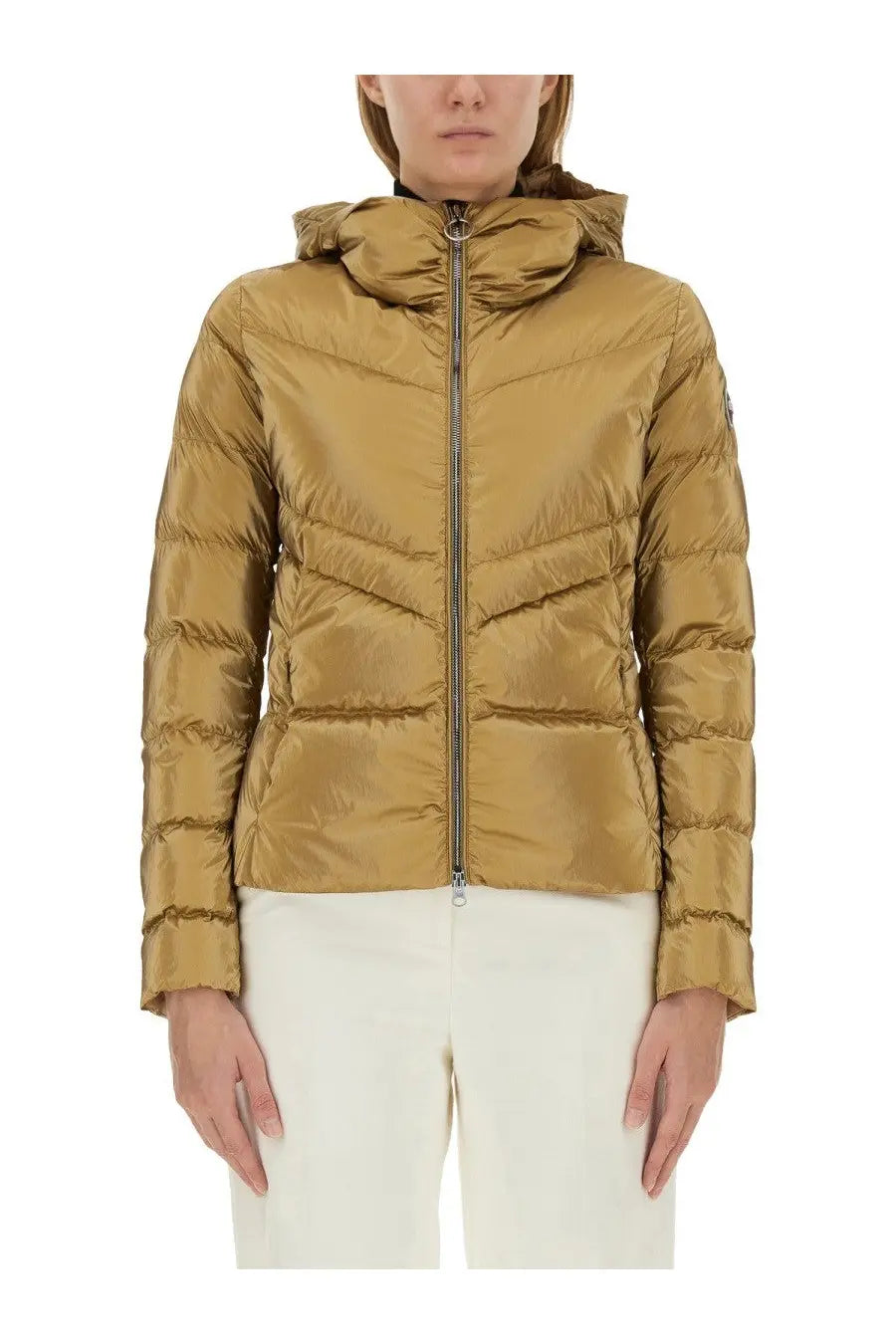 Colmar women’s down jacket gold sleek mustard-yellow puffer with quilted design hood and central zipper closure