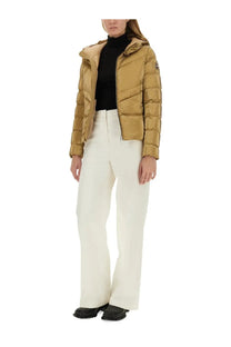 Colmar women’s down jacket gold with gold-tone quilted puffer design hood and subtle brand logo on sleeve
