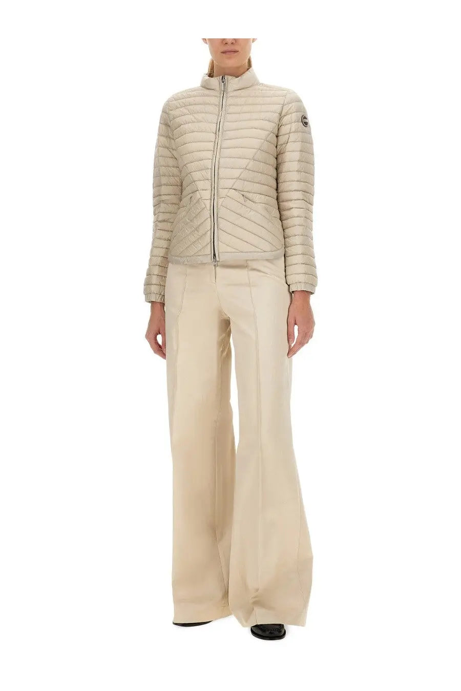 Beige quilted puffer jacket with high collar and zipper front colmar women’s lightweight down jacket beige