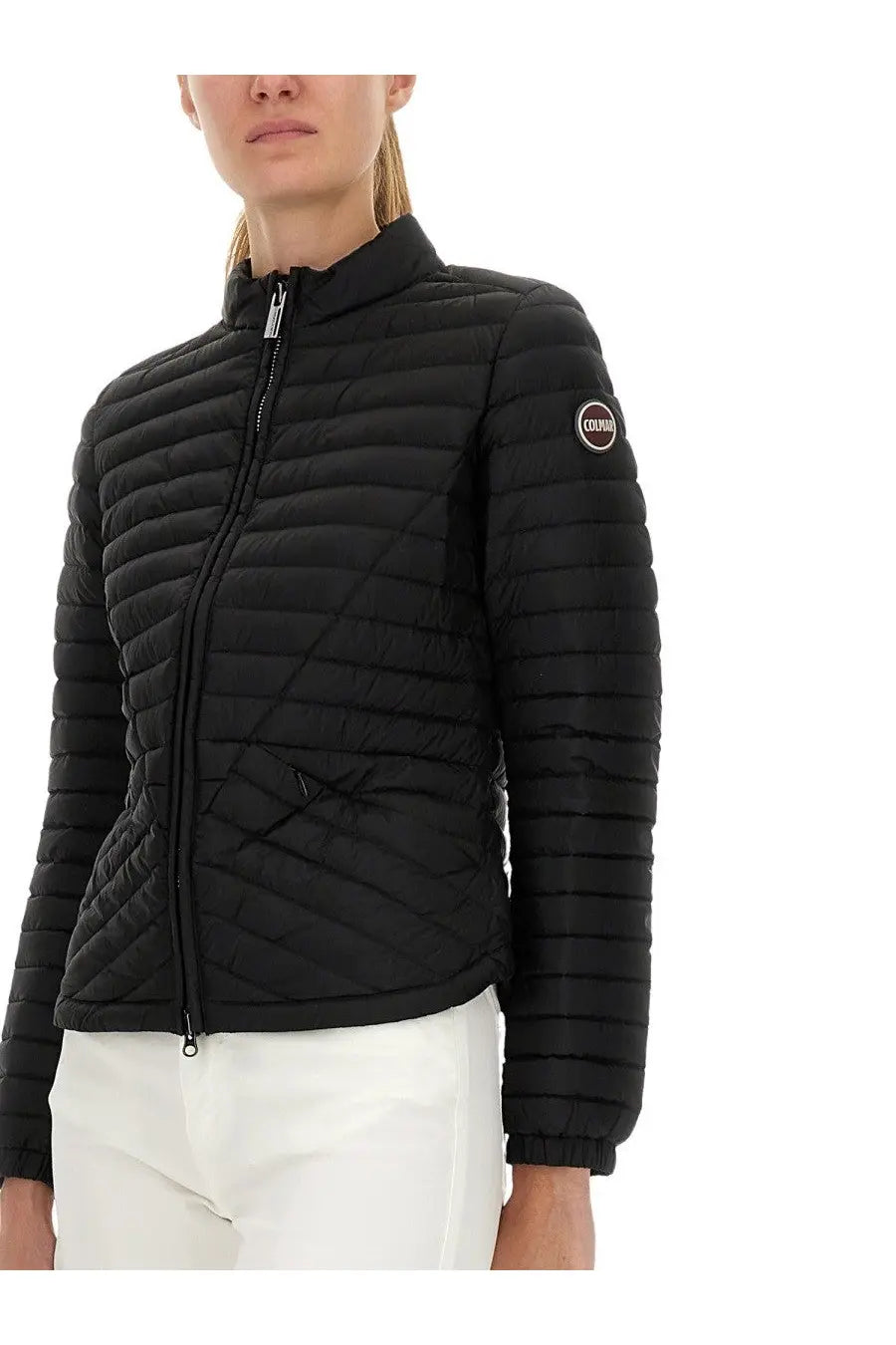 Colmar women lightweight down jacket black quilted puffer with circular logo patch on the sleeve