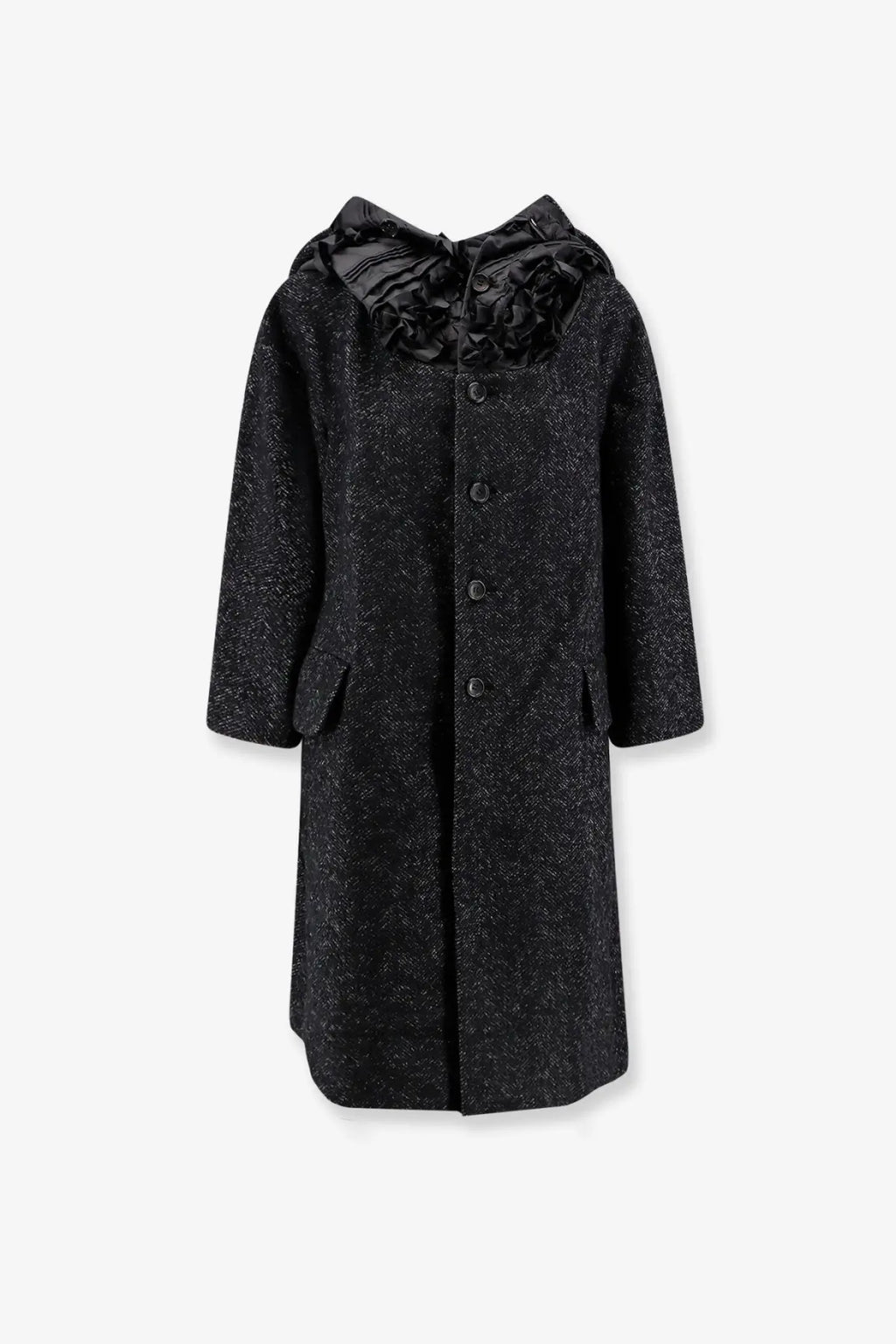 Comme des garcons play women’s wool coat white featuring a black textured coat with ruffled satin collar and buttons
