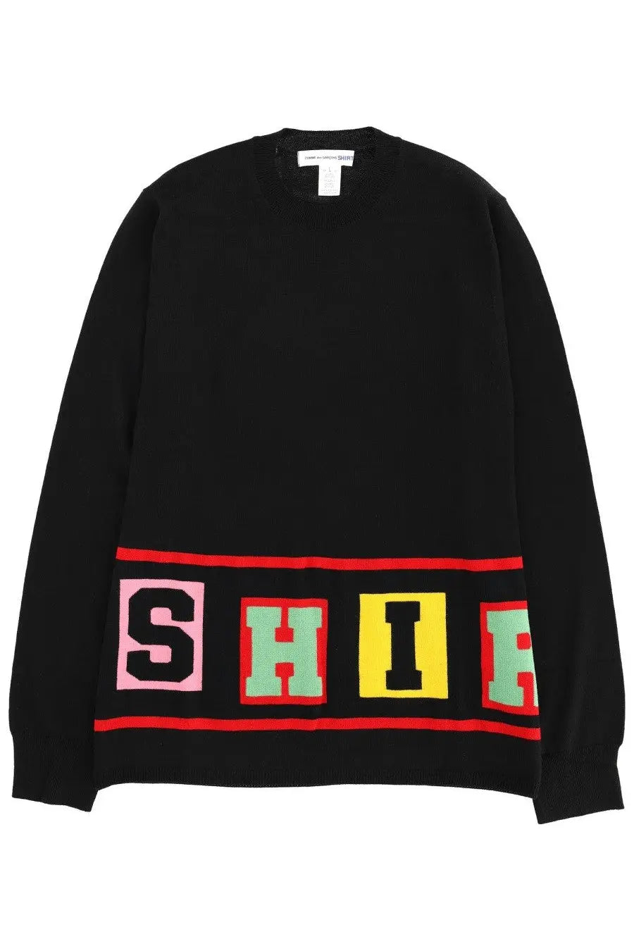 Comme des garcons shirt men’s black knit sweater with bold colorful block letters shih and red stripes