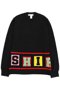 Comme des garcons shirt men’s black knit sweater with bold colorful block letters shih and red stripes