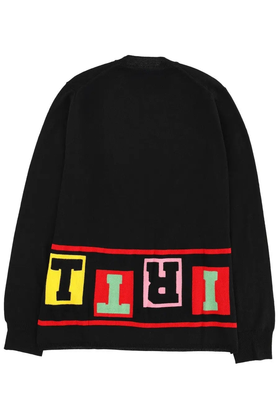 Back of black comme des garcons knit men’s sweater with bold colorful tiri lettering in yellow red and mint green blocks