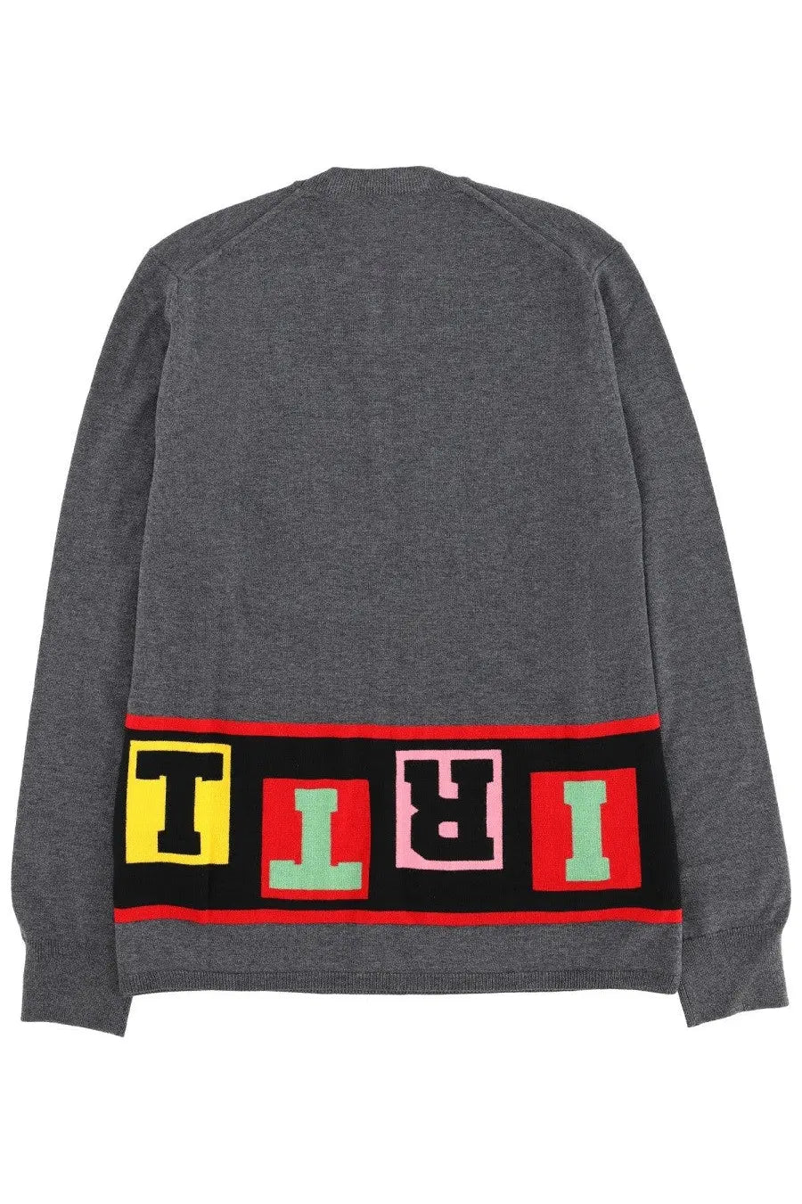 Back of a comme des garcons shirt men’s grey knit cardigan with colorful tiri lettering band across lower back