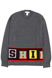 Comme des garcons shirt men’s gray knit sweater with bold colorful shii graphic band on lower front