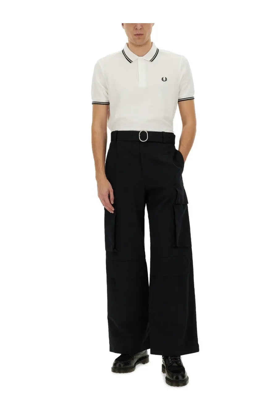 White fred perry polo shirt with black and white trim featured in comme des garcons shirt men’s strong will polo shirt white