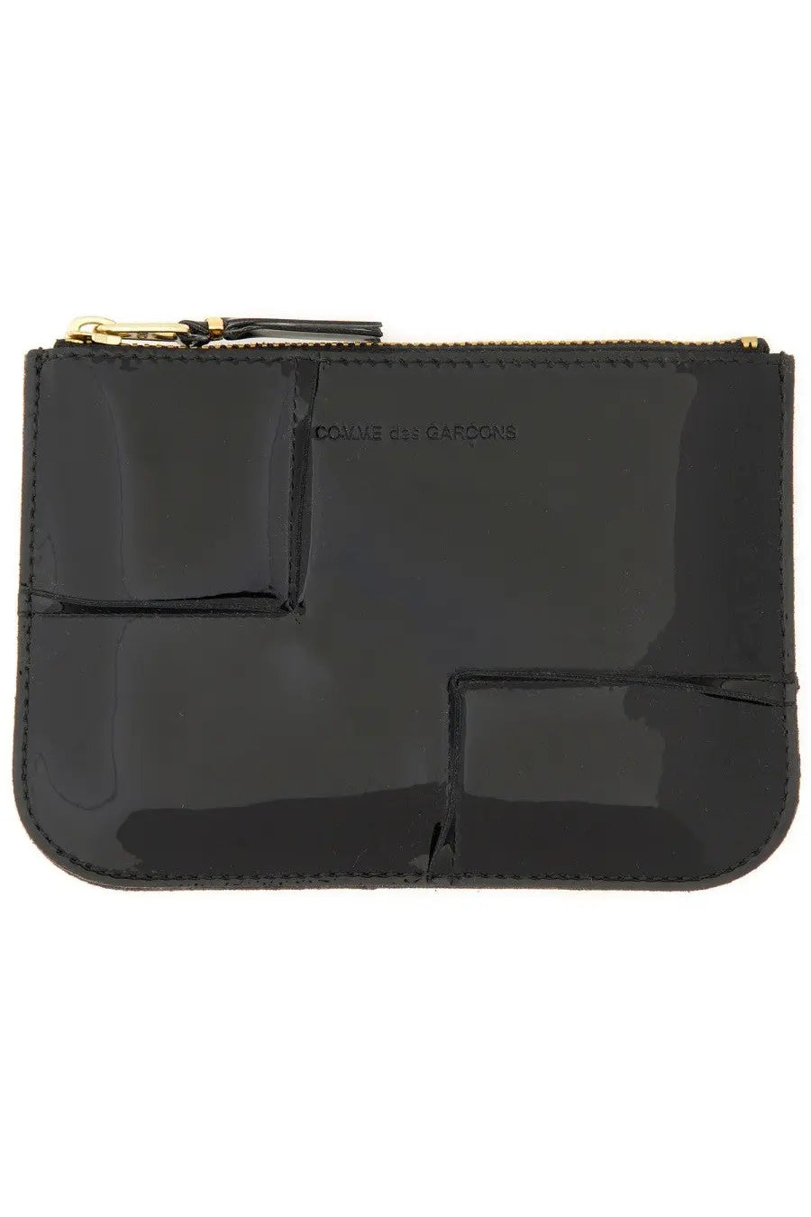 Black glossy patent leather clutch with gold-tone zipper and stitched seams from Comme Des Garcons unisex reversed hem wallet series