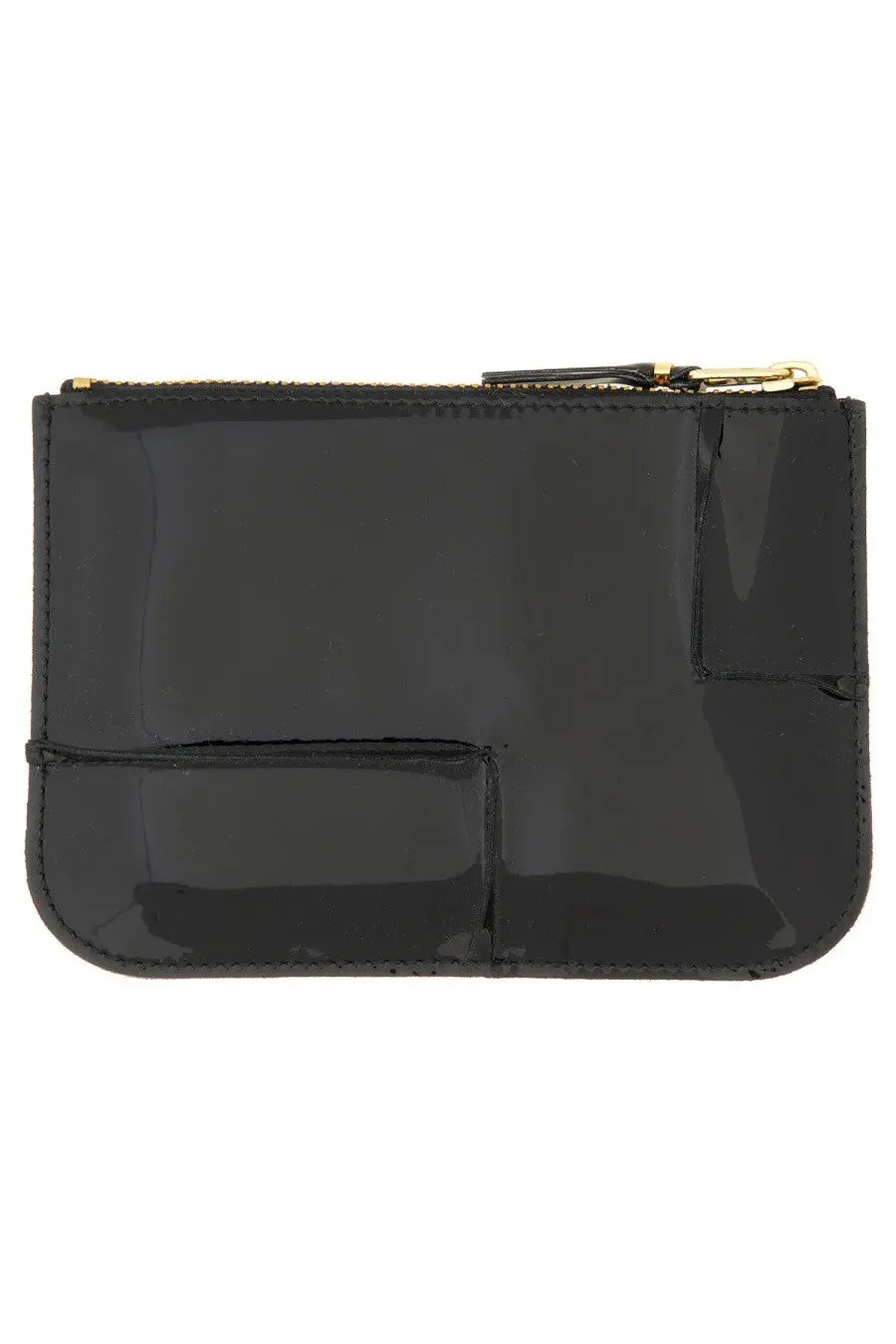 Black patent leather zippered pouch with gold-tone hardware from comme des garcons reversed hem series wallet unisex