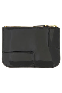 Black patent leather zippered pouch with gold-tone hardware from comme des garcons reversed hem series wallet unisex