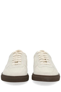 Common Projects men’s Bball slim sneaker in cream suede with dark brown rubber sole and matching laces