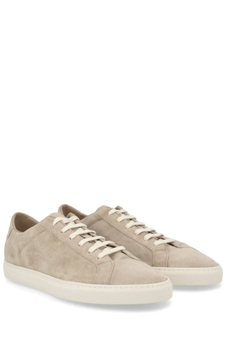 Common Projects men’s sneaker Achilles beige low-top with beige suede, cream laces, and white rubber sole