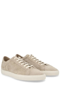 Common Projects men’s sneaker Achilles beige low-top with beige suede, cream laces, and white rubber sole