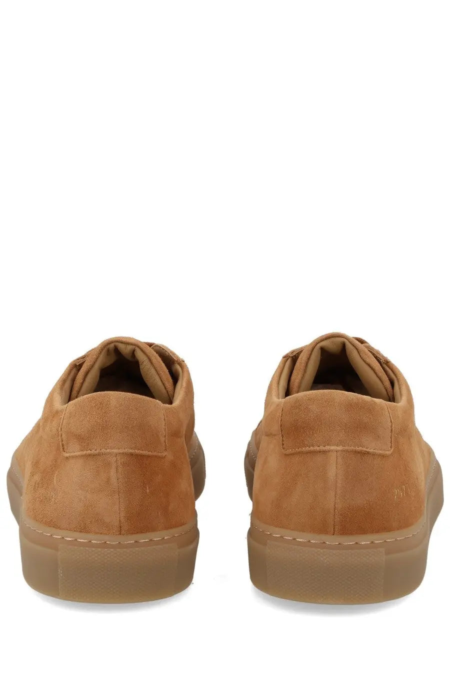 Common projects men’s sneaker achilles beige tan suede low-top with gum rubber sole and subtle stitching details