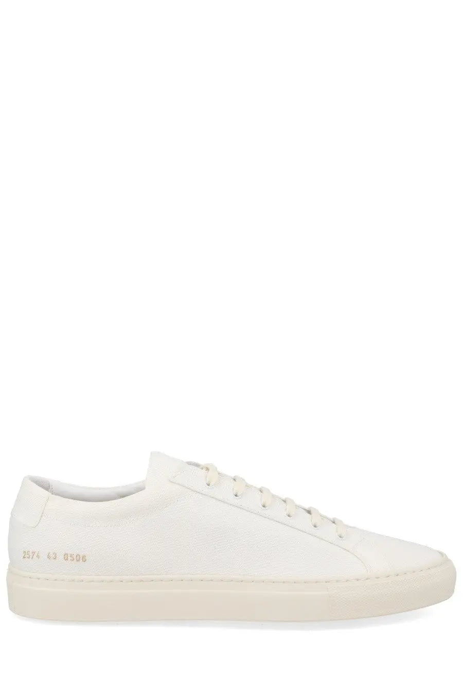 White leather low-top common projects men’s sneaker achilles with minimalist design and gold branding on the heel back side
