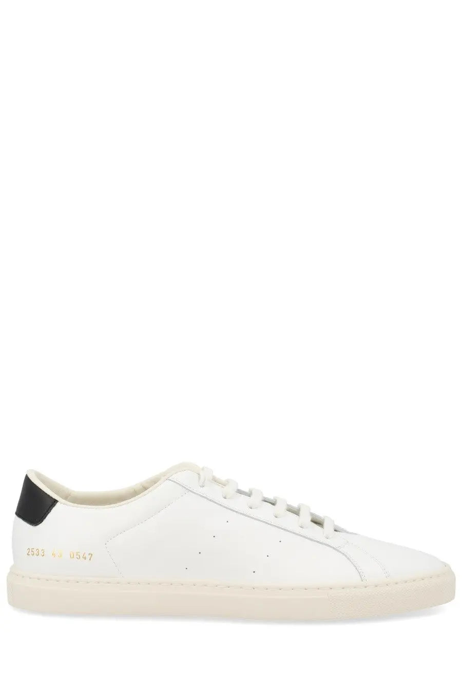 Common projects men’s white leather low-top sneaker with black heel tab and gold branding on the side