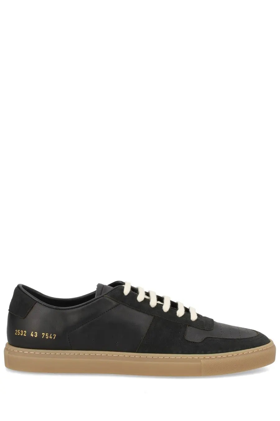Common Projects men’s sneaker bball black low-top in black suede and leather with white laces and tan rubber sole