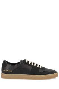 Common Projects men’s sneaker bball black low-top in black suede and leather with white laces and tan rubber sole