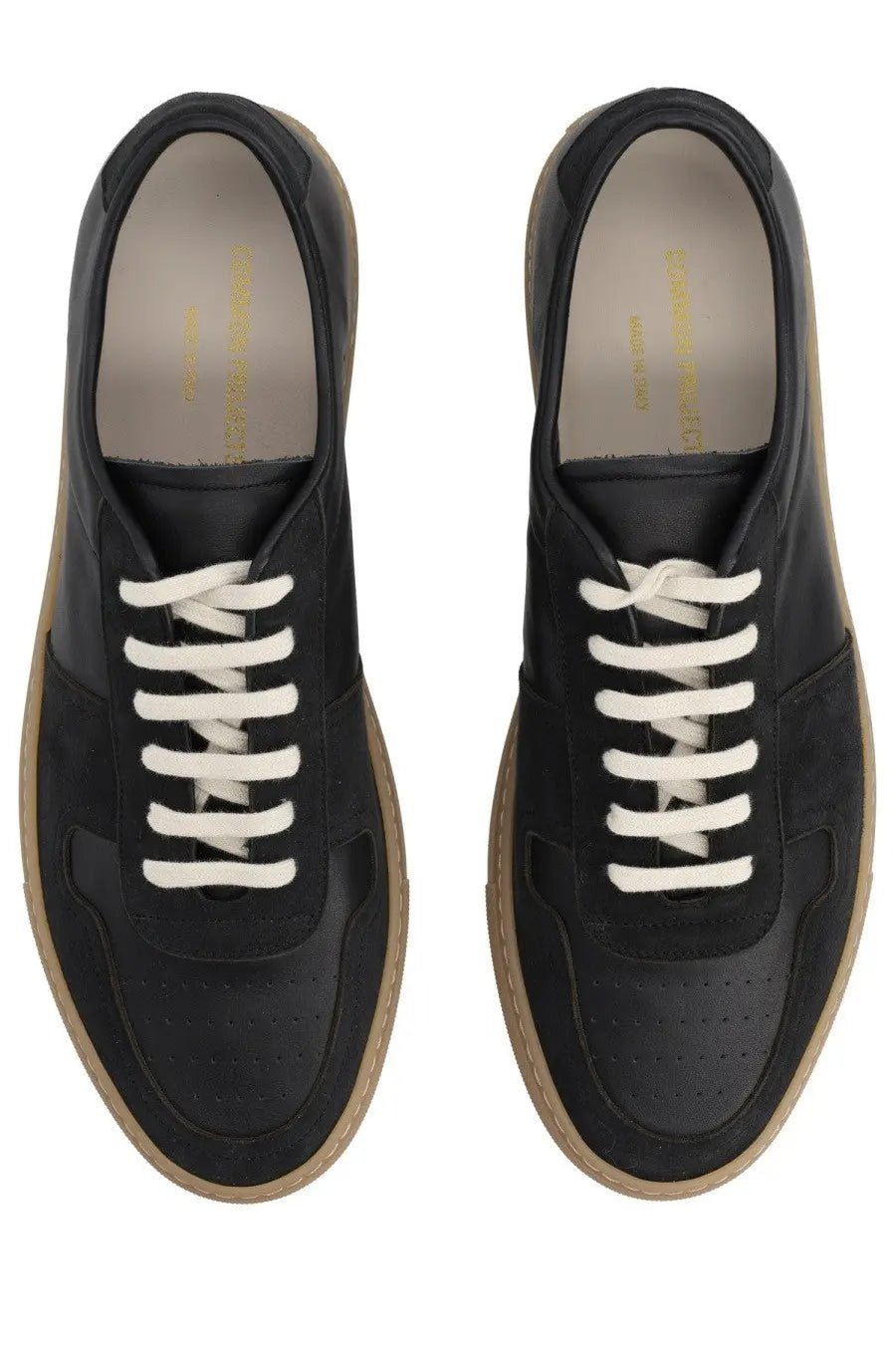 Common Projects men’s sneaker bball black low-top with black suede leather upper white laces tan rubber sole