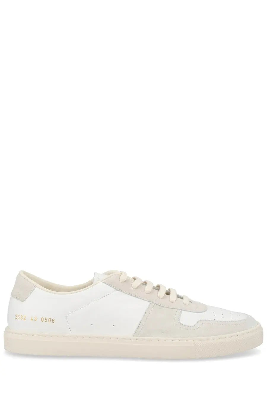 Common projects men’s sneaker bball white low-top sneaker in white and beige suede and leather with gold heel branding back view