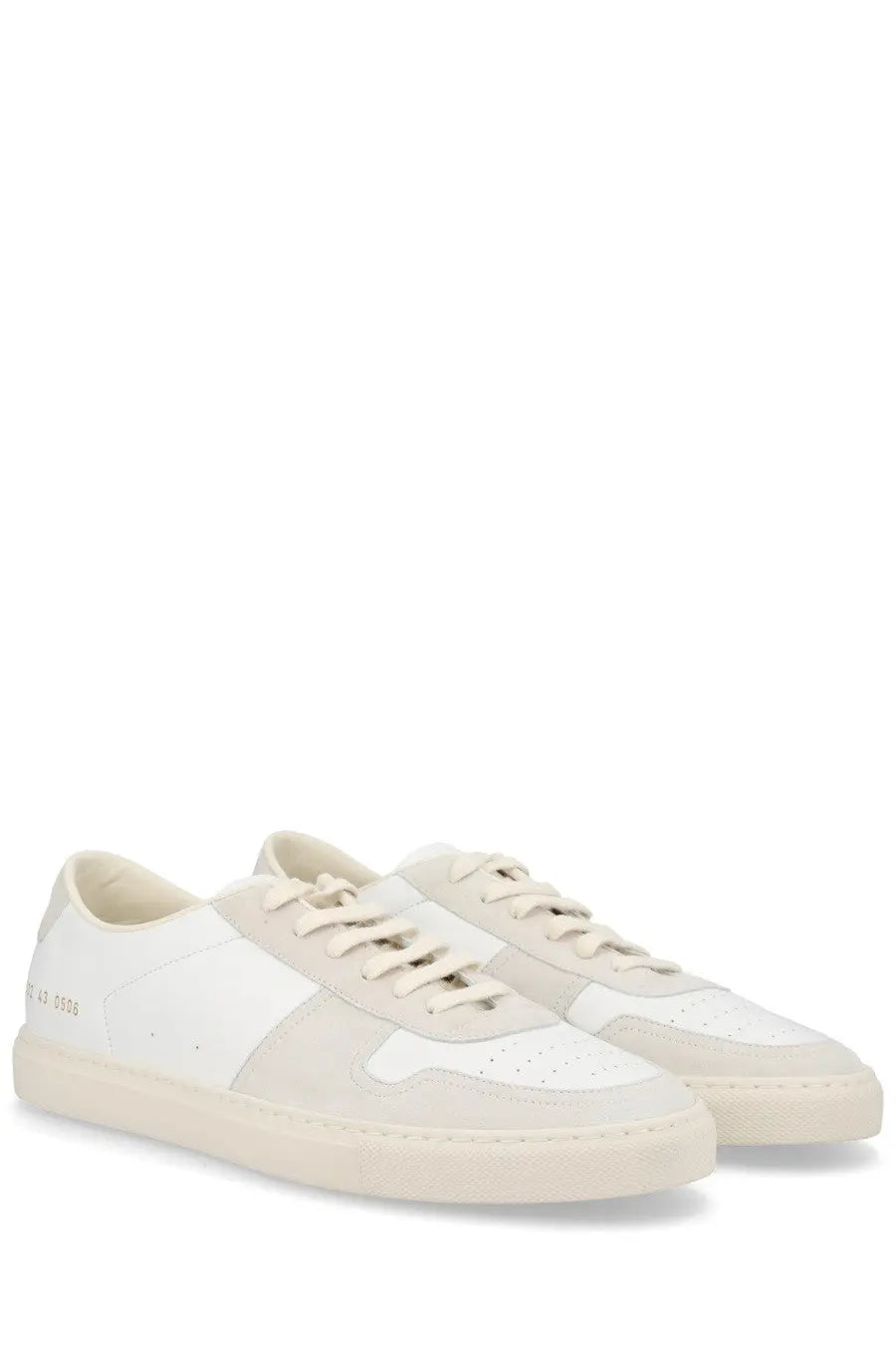 Common projects men’s sneaker bball white cream-colored suede and leather with white laces and matching sole