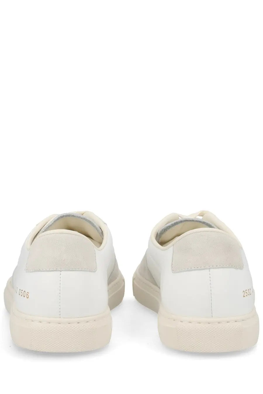 Common projects men’s sneaker bball white minimalist white leather sneakers with subtle beige heel tab accents back side