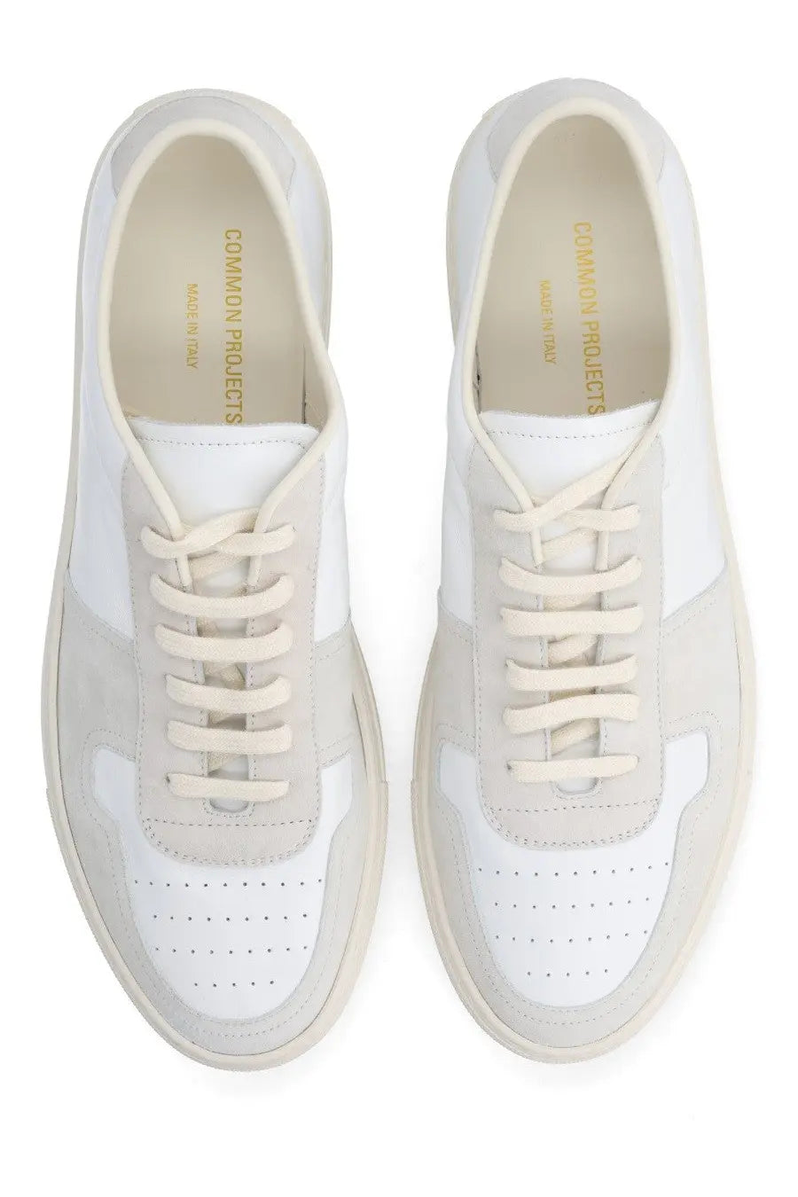 Common projects men’s sneaker bball white suede and leather sneakers with perforated toe panels and brand label inside