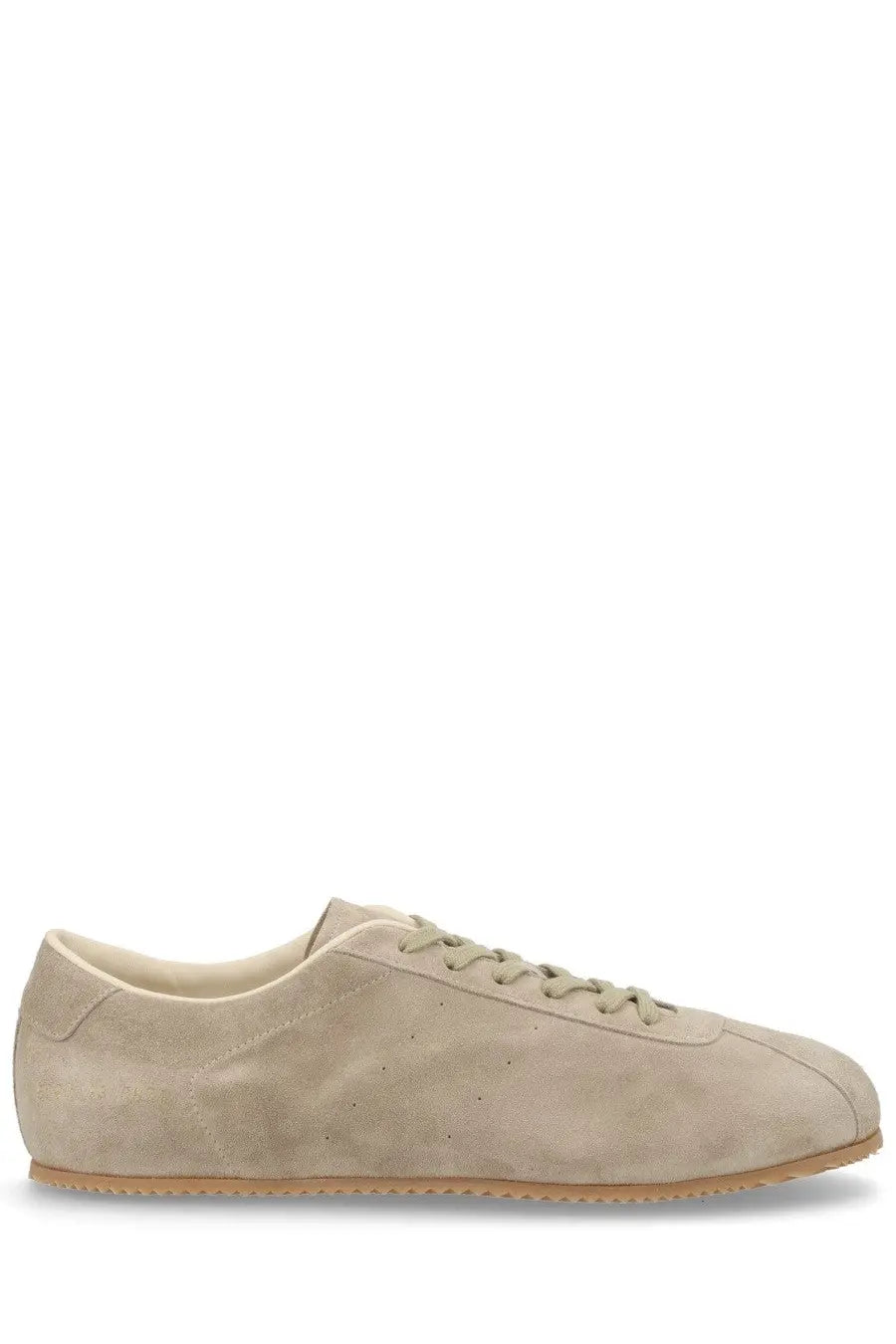Common Projects men’s sneaker in beige suede with matching laces and tan rubber sole low-top design