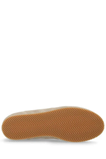 Common projects men’s sneaker in suede beige with white canvas upper and tan rubber sole featuring herringbone tread